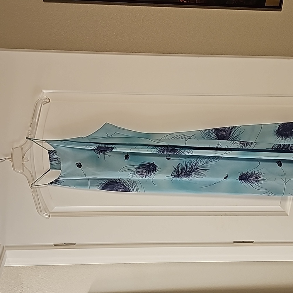 Aqua dress with gorgeous purple feather print, very goddess-like dress!